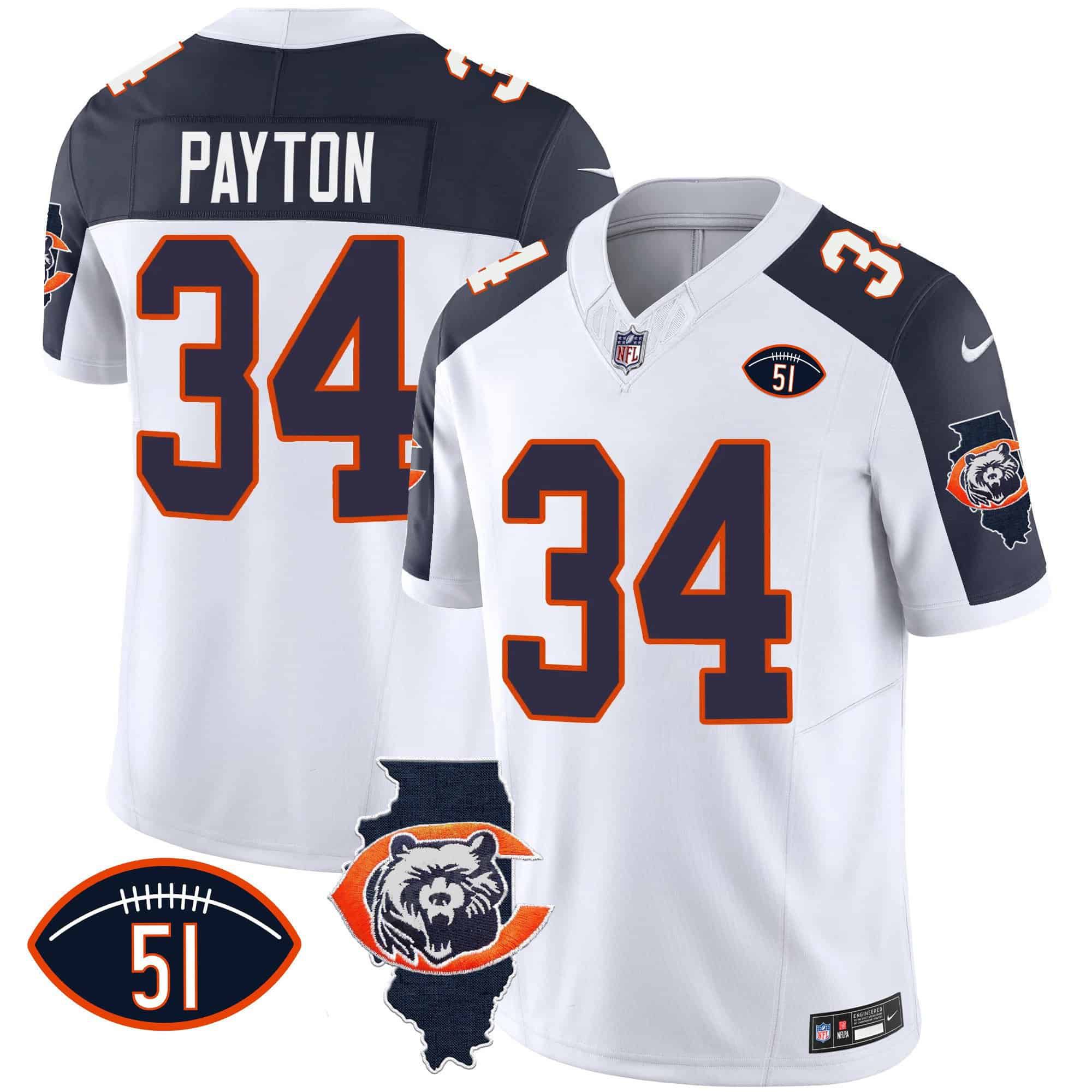 Men Chicago Bears #34 Payton White 2024 Nike Throwback Illinois Patch Vapor NFL Jersey style 2